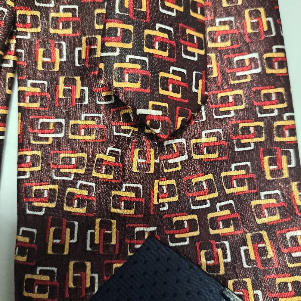 LeVieux Commandant Silk Brown Gold White Red Interlock Squares Tie